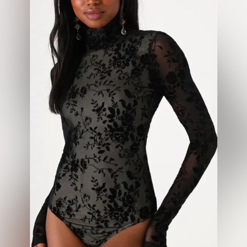 Lulus Black Floral Mock Neck Bodysuit